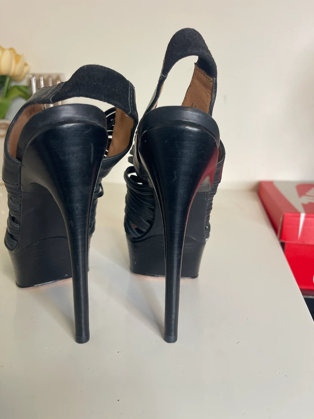 Black Leather Strappy Platform Heels - photo 4