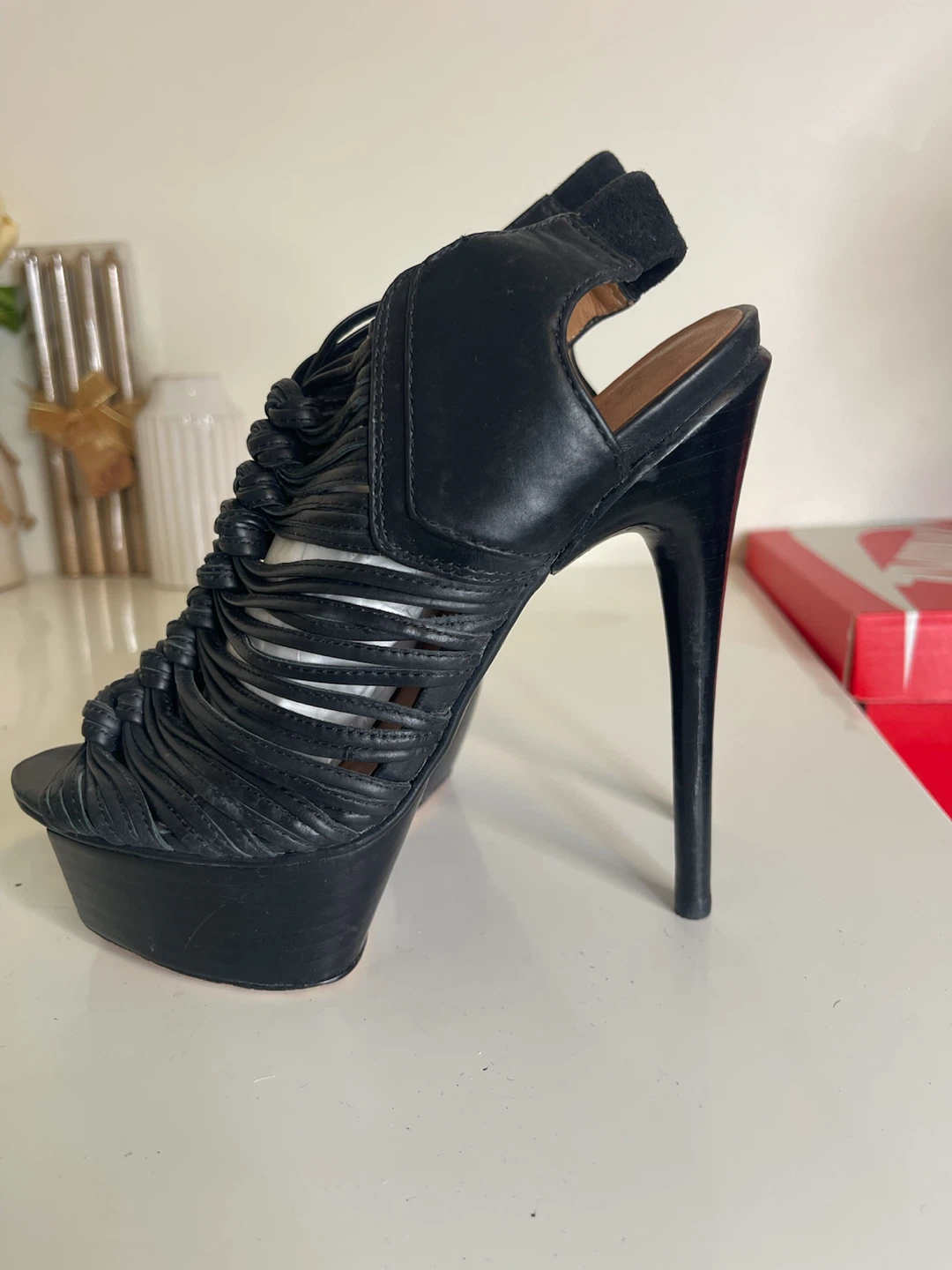 Black Leather Strappy Platform Heels - photo 5