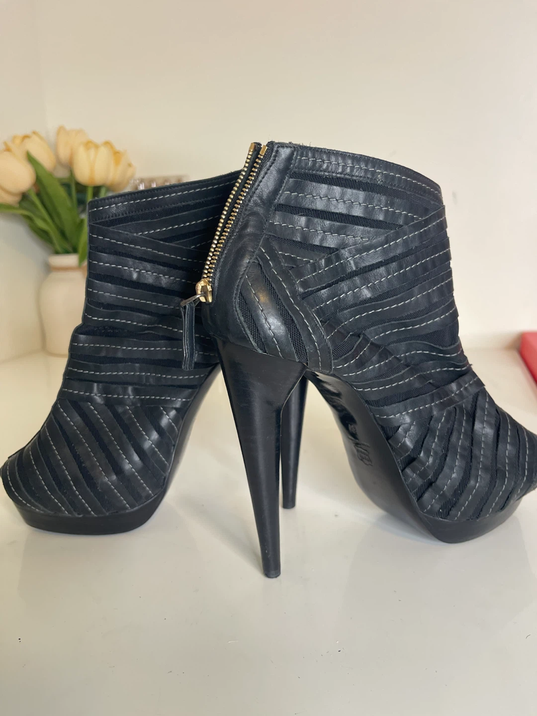 Pierre Hardy Black Mesh Peep-Toe Heeled Ankle Boots