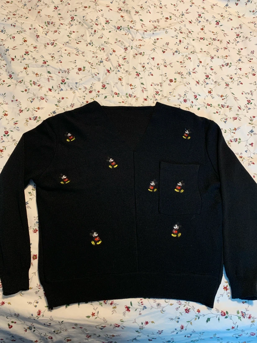 Black Mickey Mouse Embroidered V-Neck Sweater