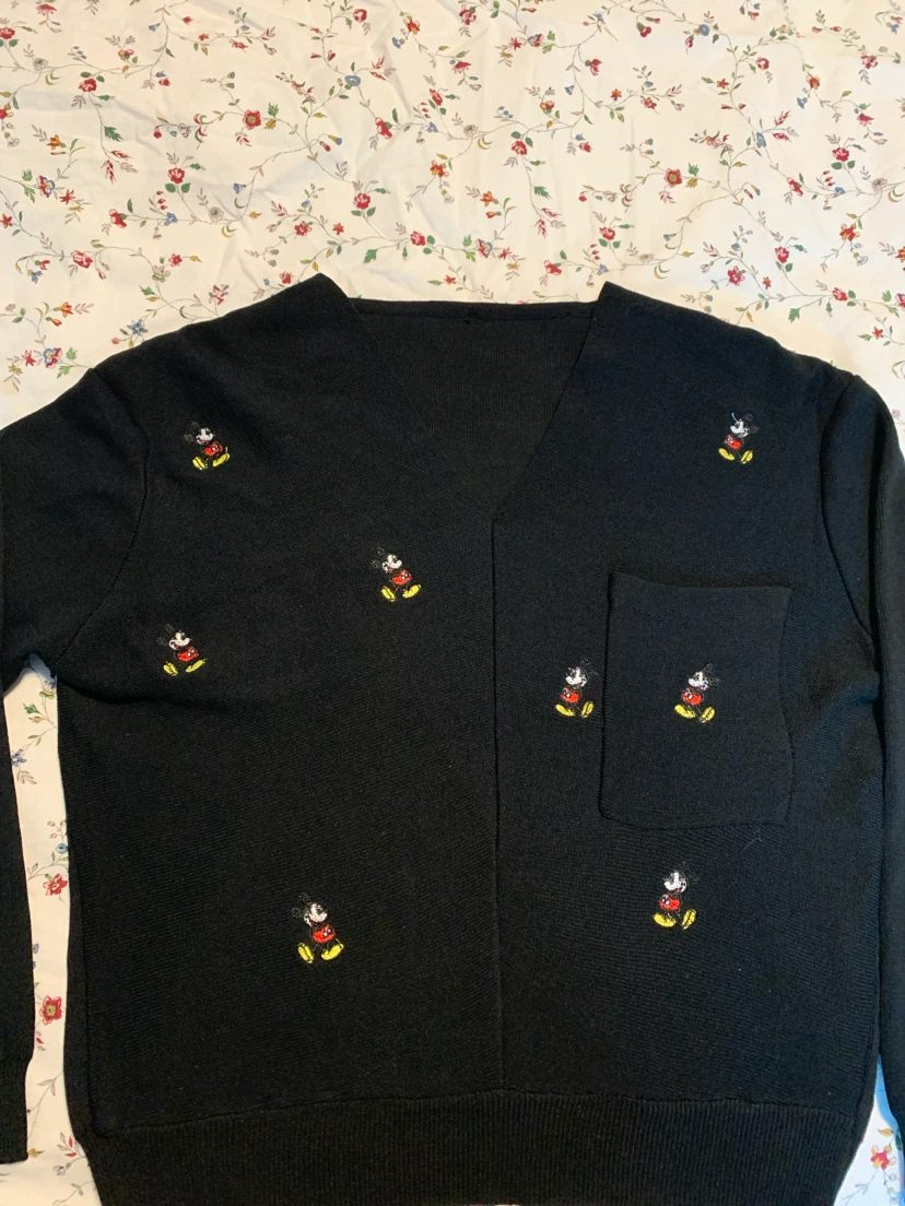 Black Mickey Mouse Embroidered V-Neck Sweater - photo 2
