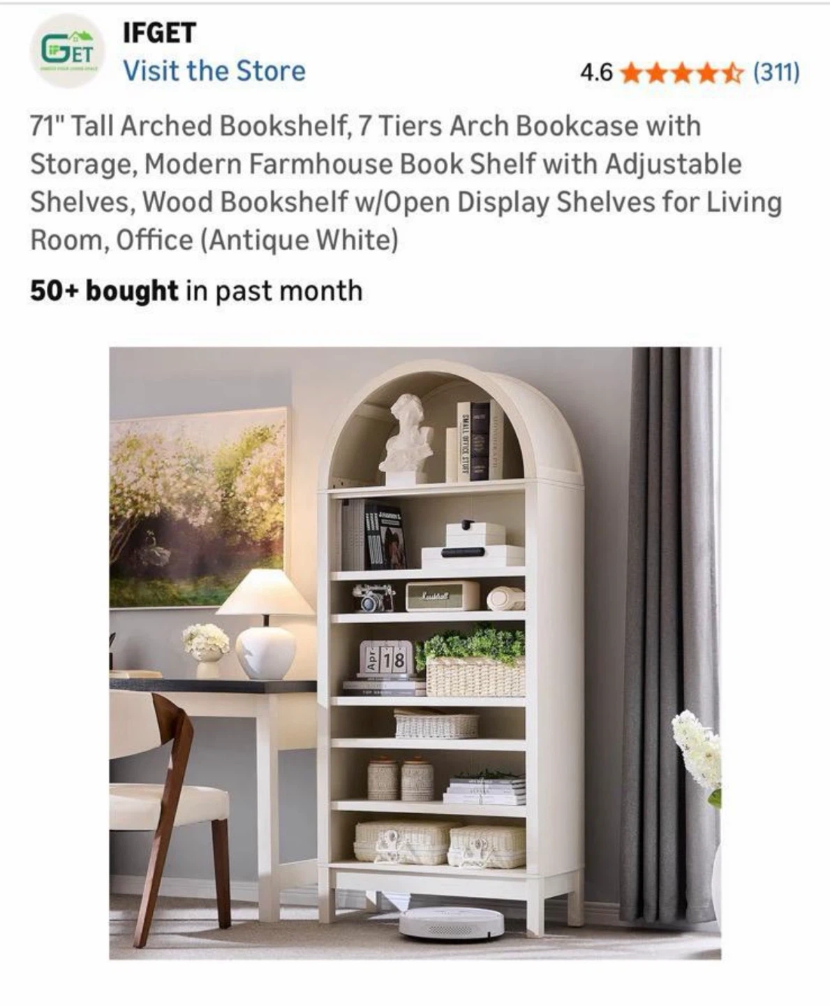IFGET 71" Tall Arched Bookshelf - Antique White
