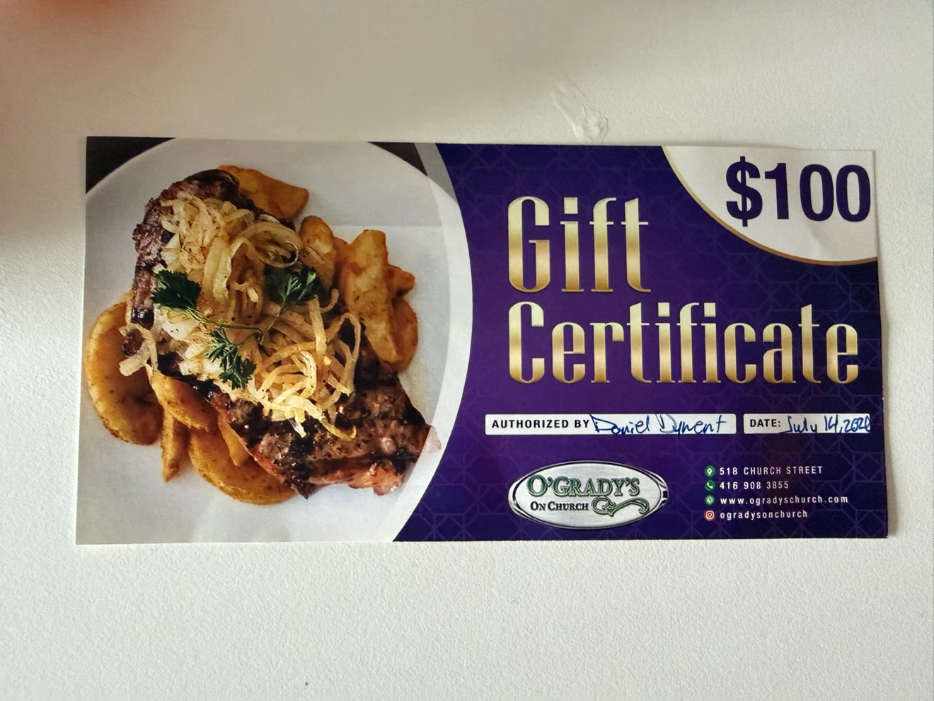 $100 O'Grady's on Church Gift Certificate