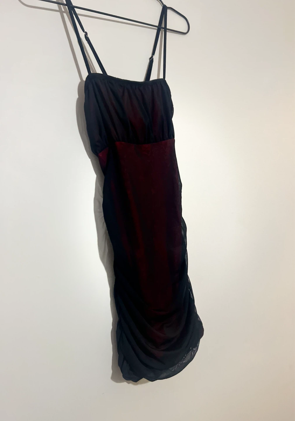 Black & Red Ruched Mesh Mini Dress