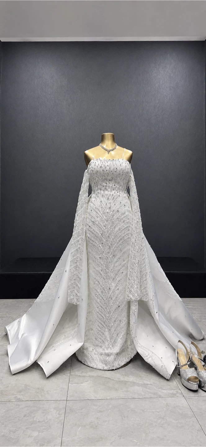 White Beaded Wedding Dress with Train