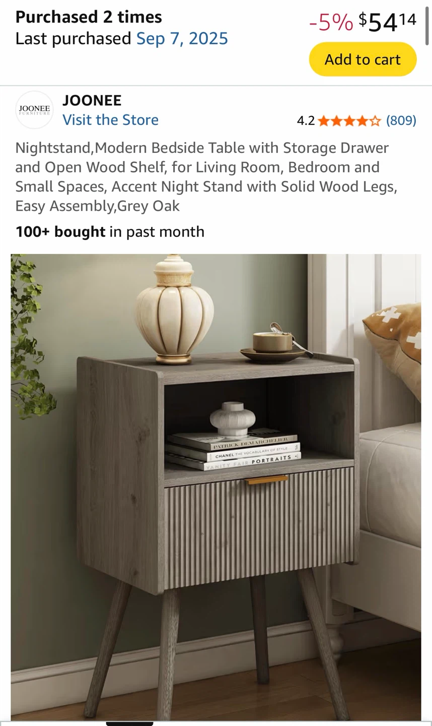 JOONEE Nightstand with Storage Drawer and Shelf - Grey Oak