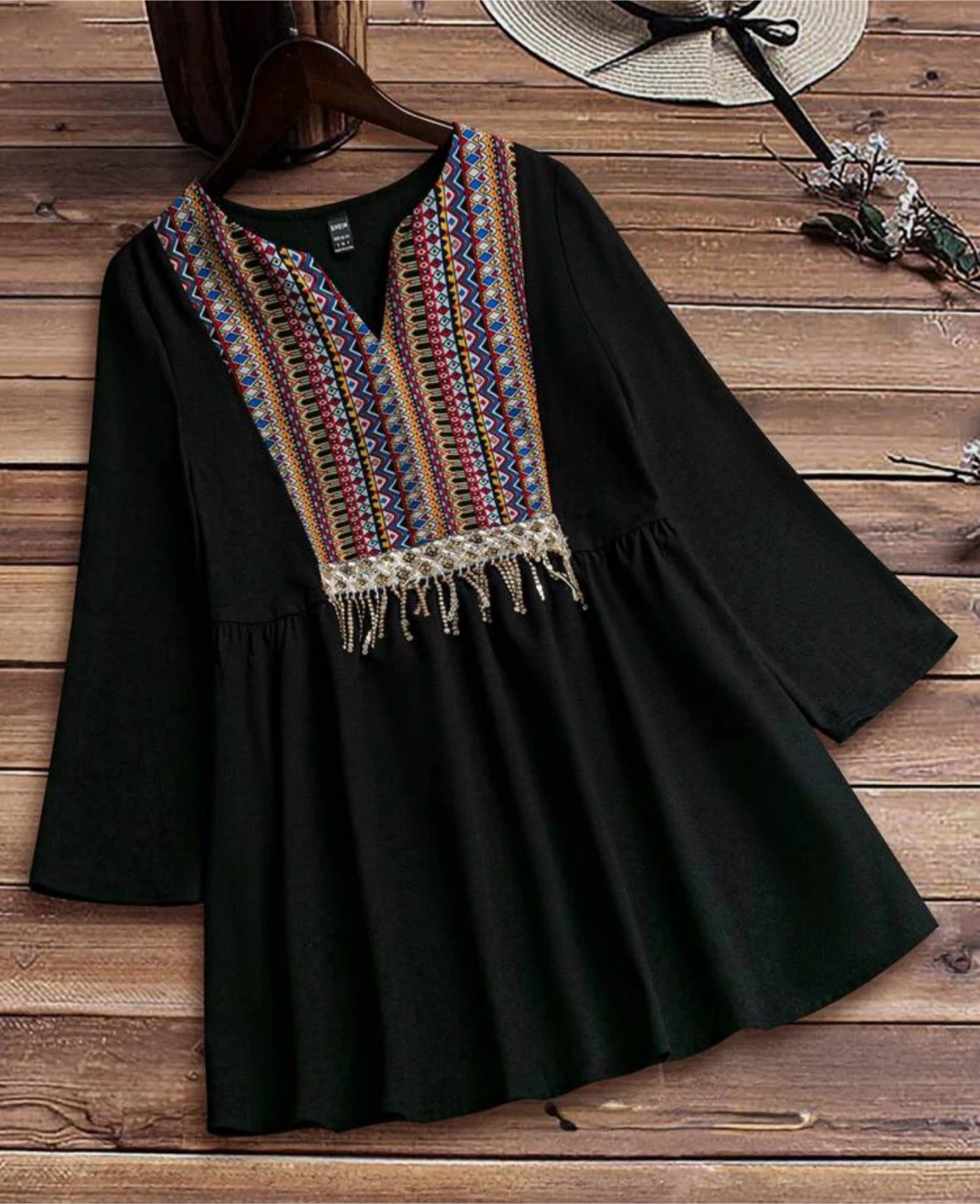 Black Boho Embroidered Tunic Top