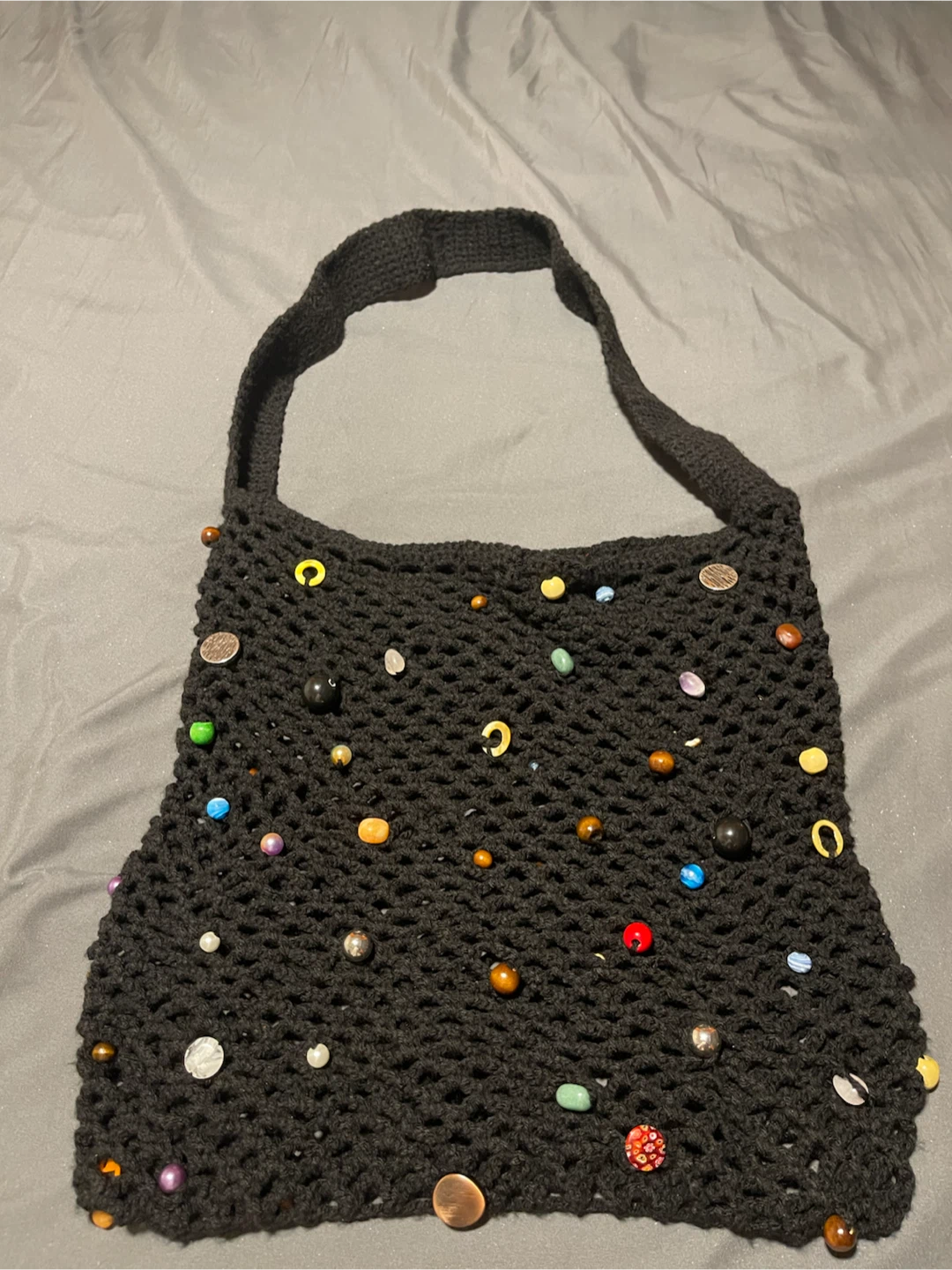 Black Crochet Tote Bag with Beads and Charms