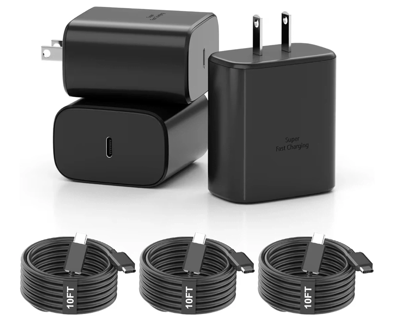 Black Super Fast Charging Wall Charger with 3x 10FT USB-C Cables