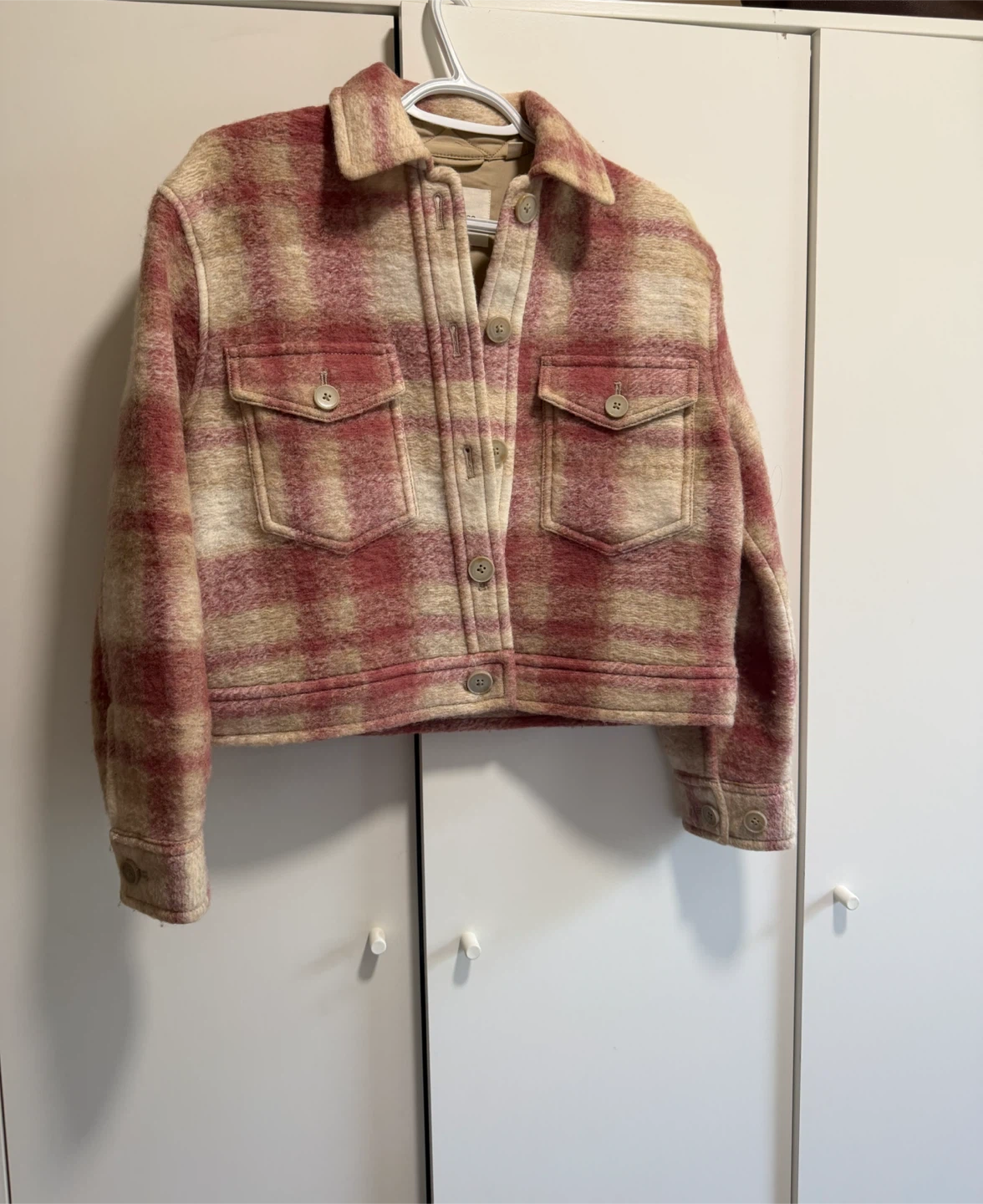 Aritzia Pink and Cream Plaid Shacket - Size Small