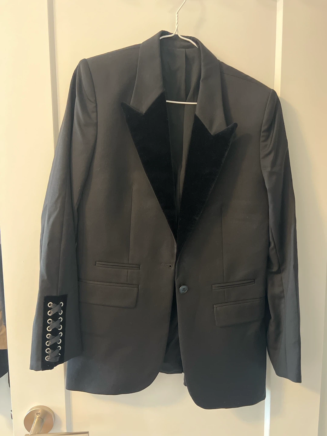 Kooples Black Blazer with Velvet Lapels and Lace-Up Cuffs