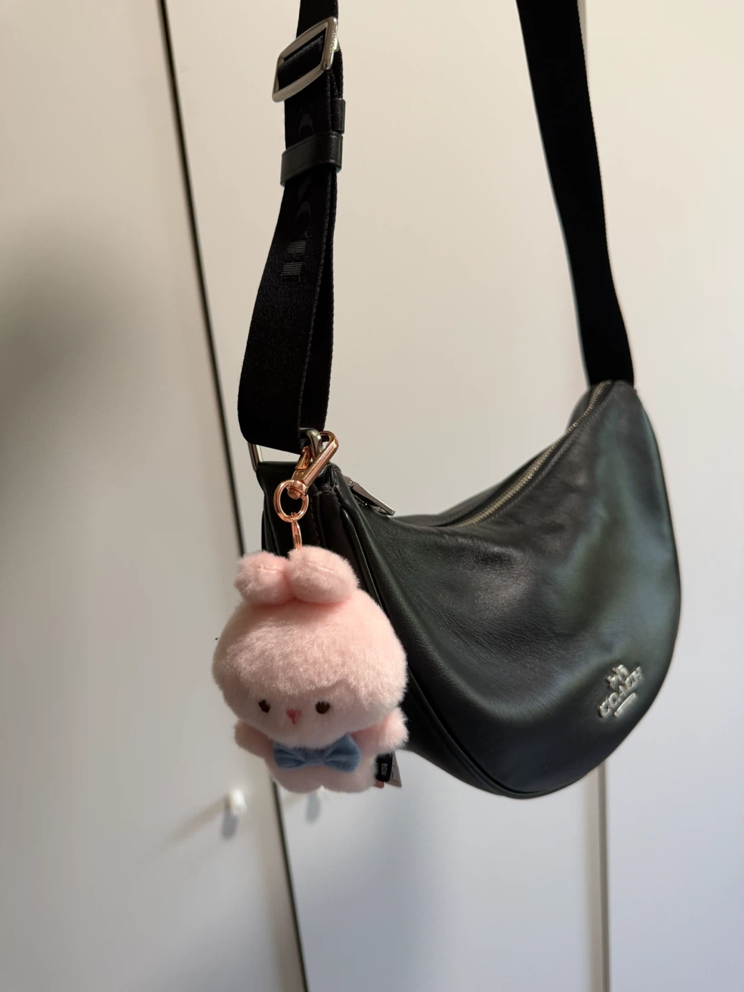 Coach Black Leather Hobo Bag with Bunny Charm