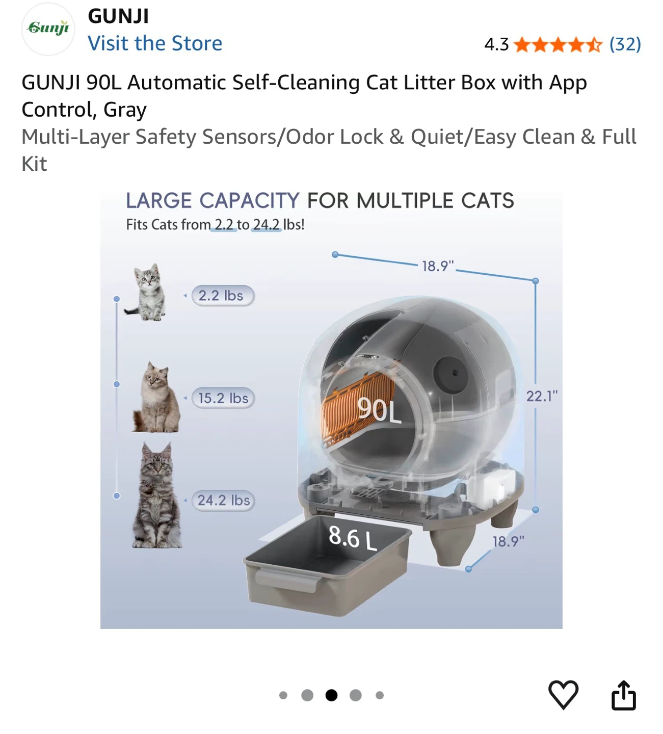 GUNJI 90L Automatic Self-Cleaning Cat Litter Box - Gray - photo 3