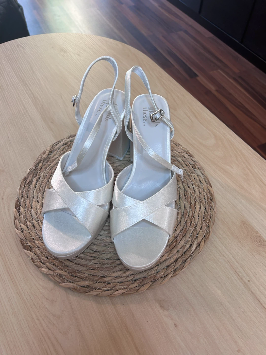 White Satin Bridal Block Heel Sandals - Size 8