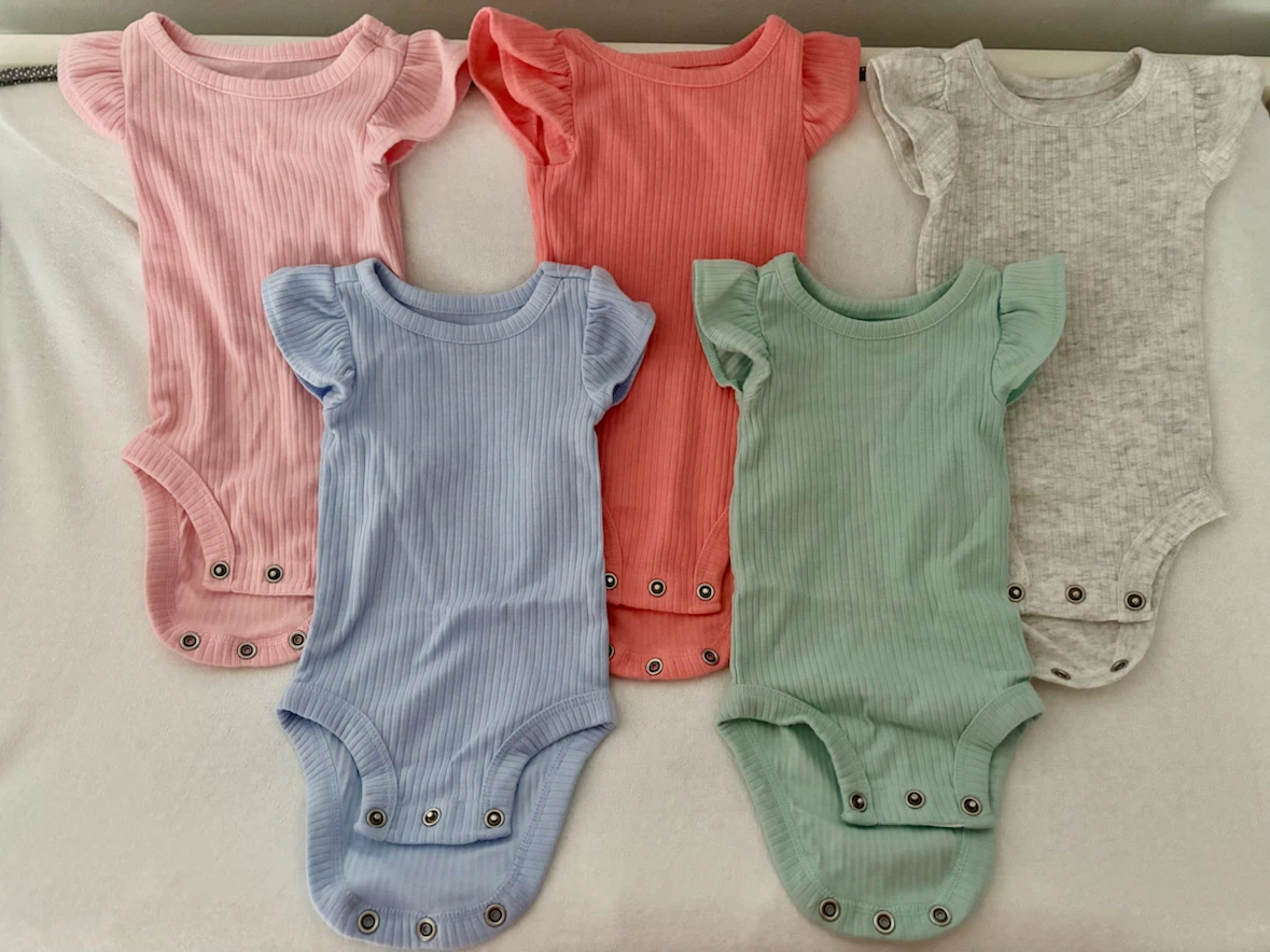 Set of 5 Baby Bodysuits - Pink, Coral, Blue, Mint, Grey