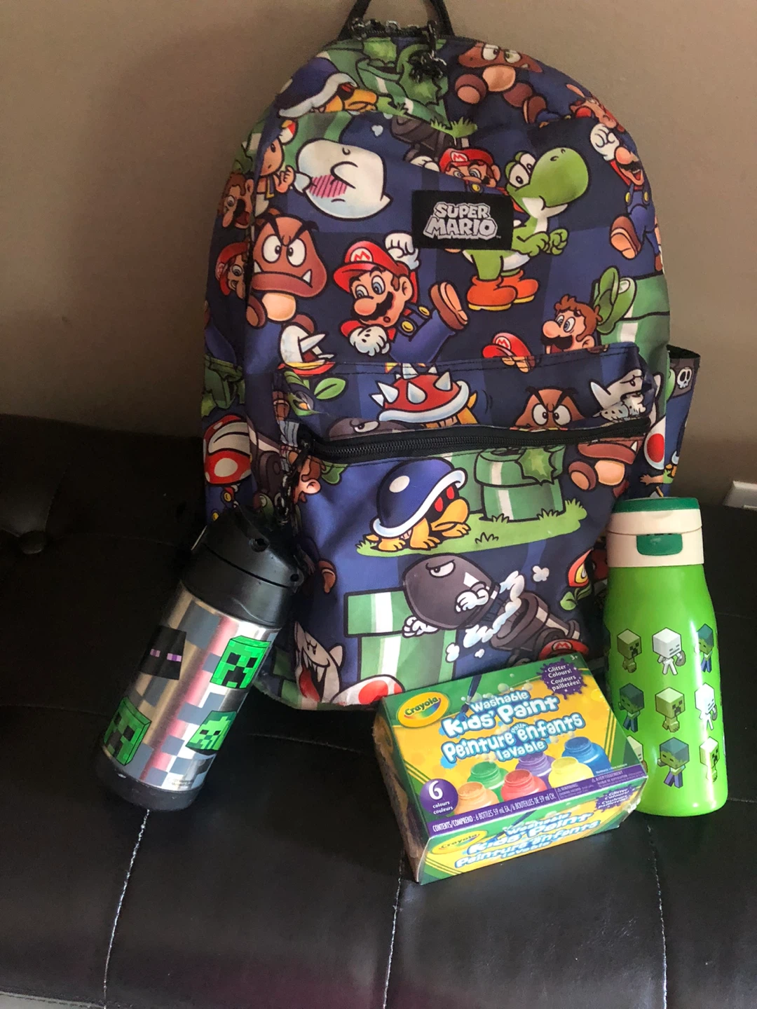 Lot! Super Mario Backpack ,New Crayola Paint,Water Bottles