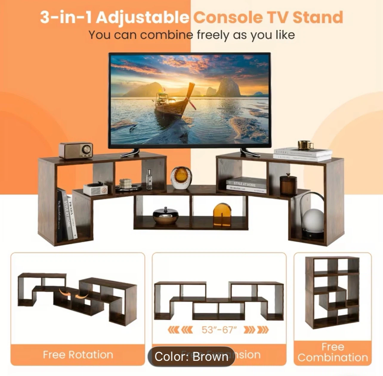 3-in-1 Adjustable Console TV Stand - Brown - photo 3