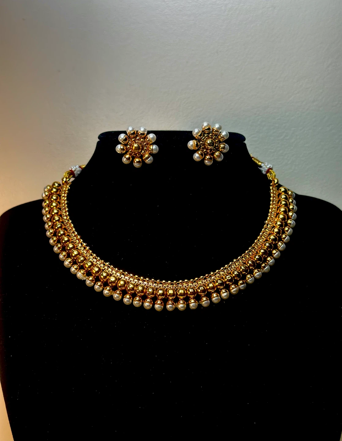 Gold Tone Necklace and Earring Set with Faux Pearls