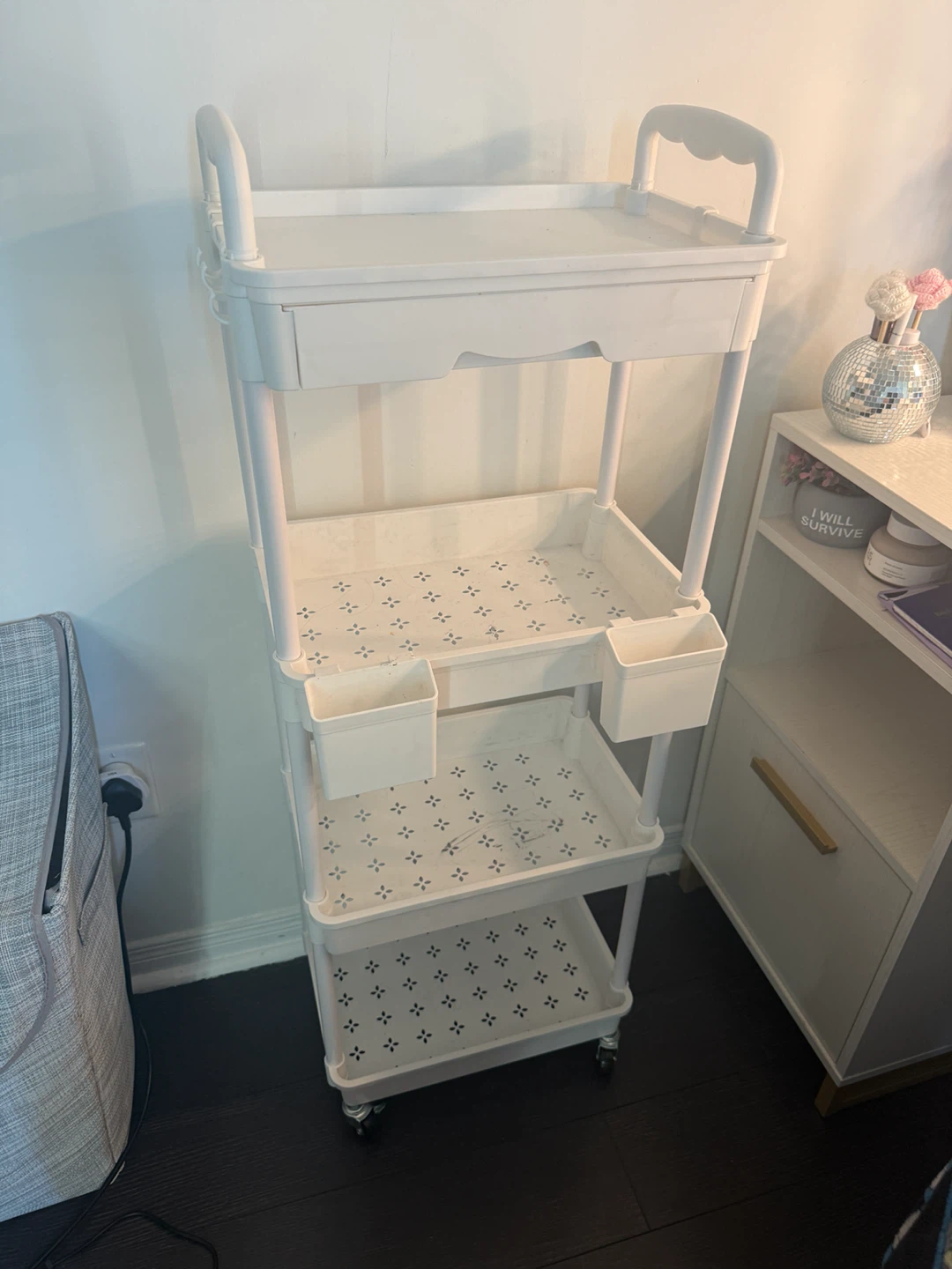 White 3-Tier Rolling Storage Cart with Drawers and Side Cups