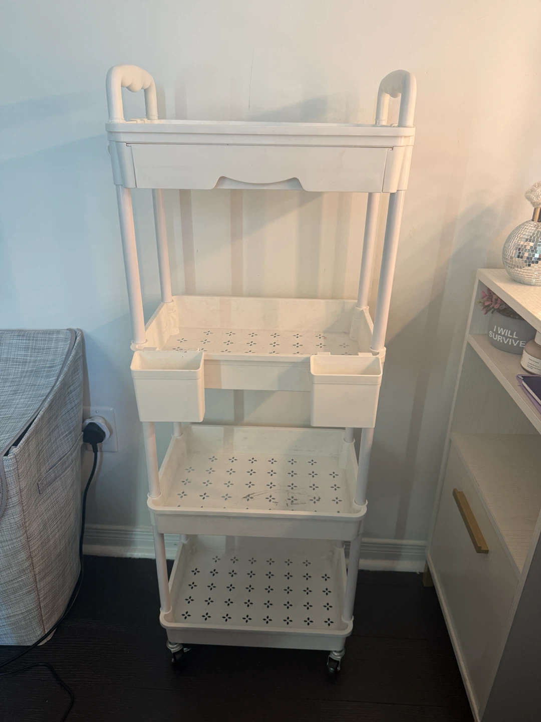 White 3-Tier Rolling Storage Cart with Drawers and Side Cups - photo 2