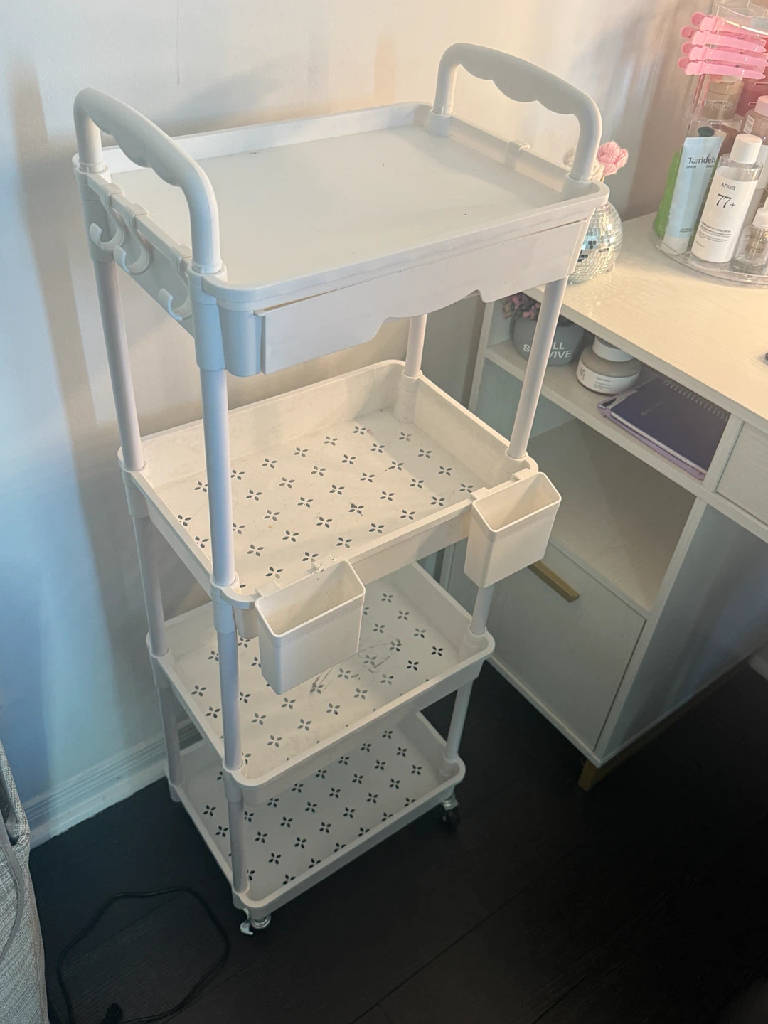 White 3-Tier Rolling Storage Cart with Drawers and Side Cups - photo 3