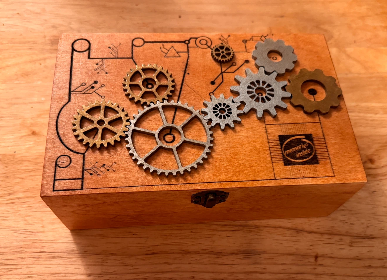 Hand crafted Wooden Memory Box with Gears Design