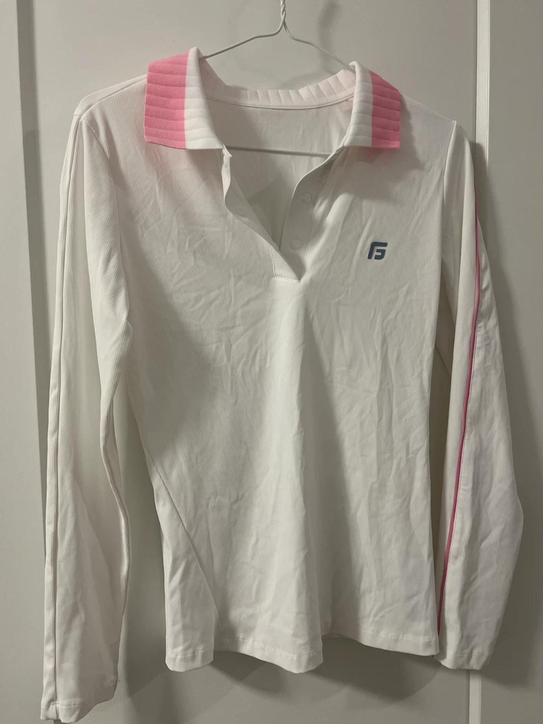 White Long Sleeve Polo Shirt with Pink Collar