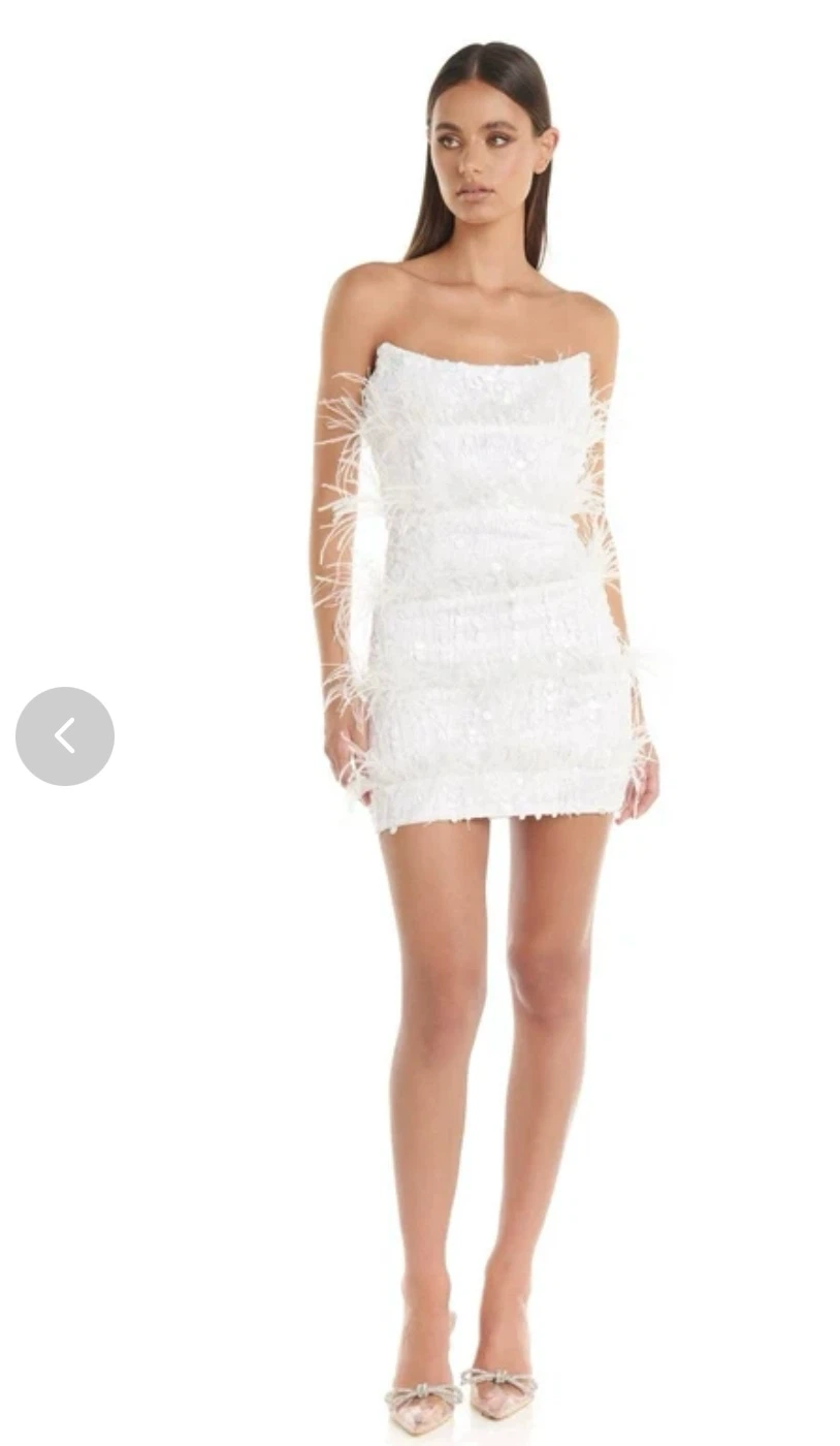 Eliya The Label - White Sequin Feather Mini Dress-US 8