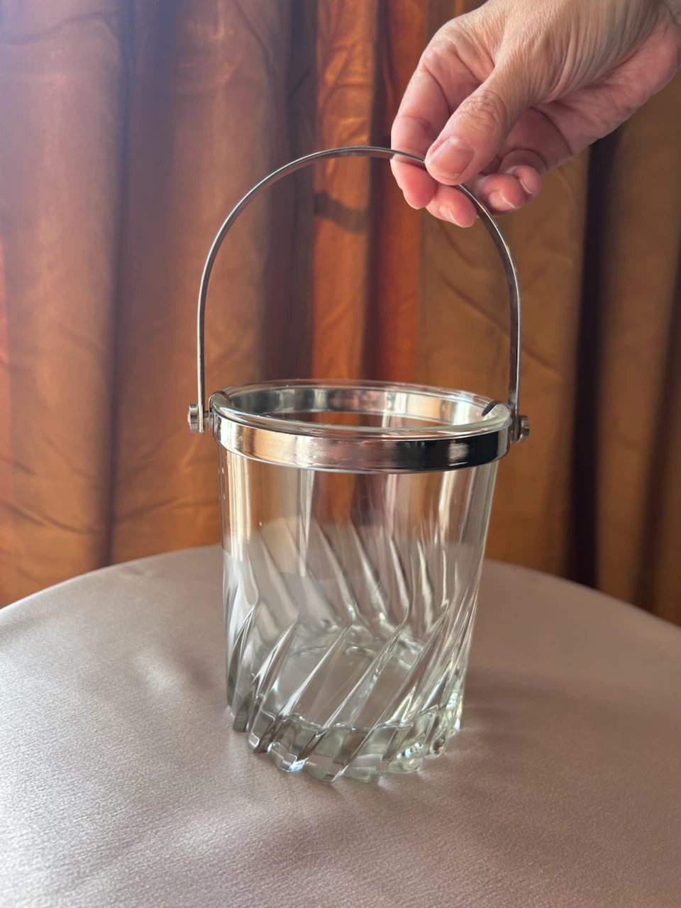 Vintage Glass Ice Bucket with Silver-Tone Rim