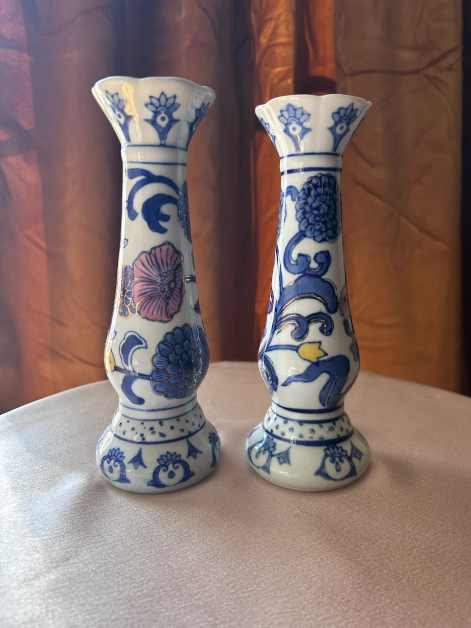 Matching vintage Chinoiserie ceramic candlestick holders