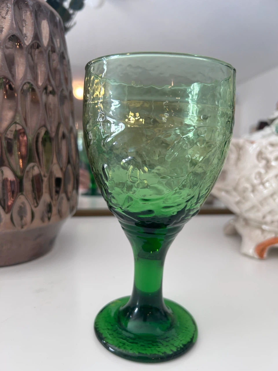 Vintage Green Embossed Goblet Glass