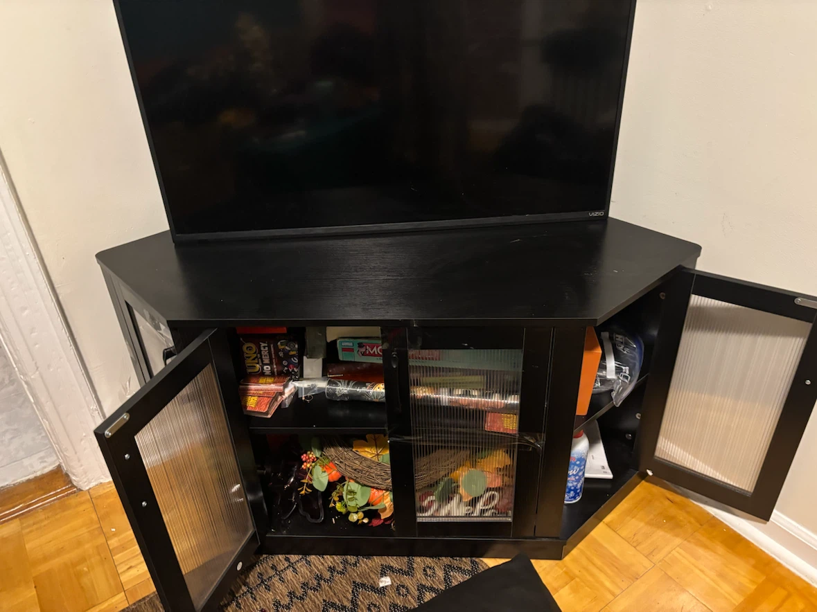 Black Corner TV Stand with Glass Doors