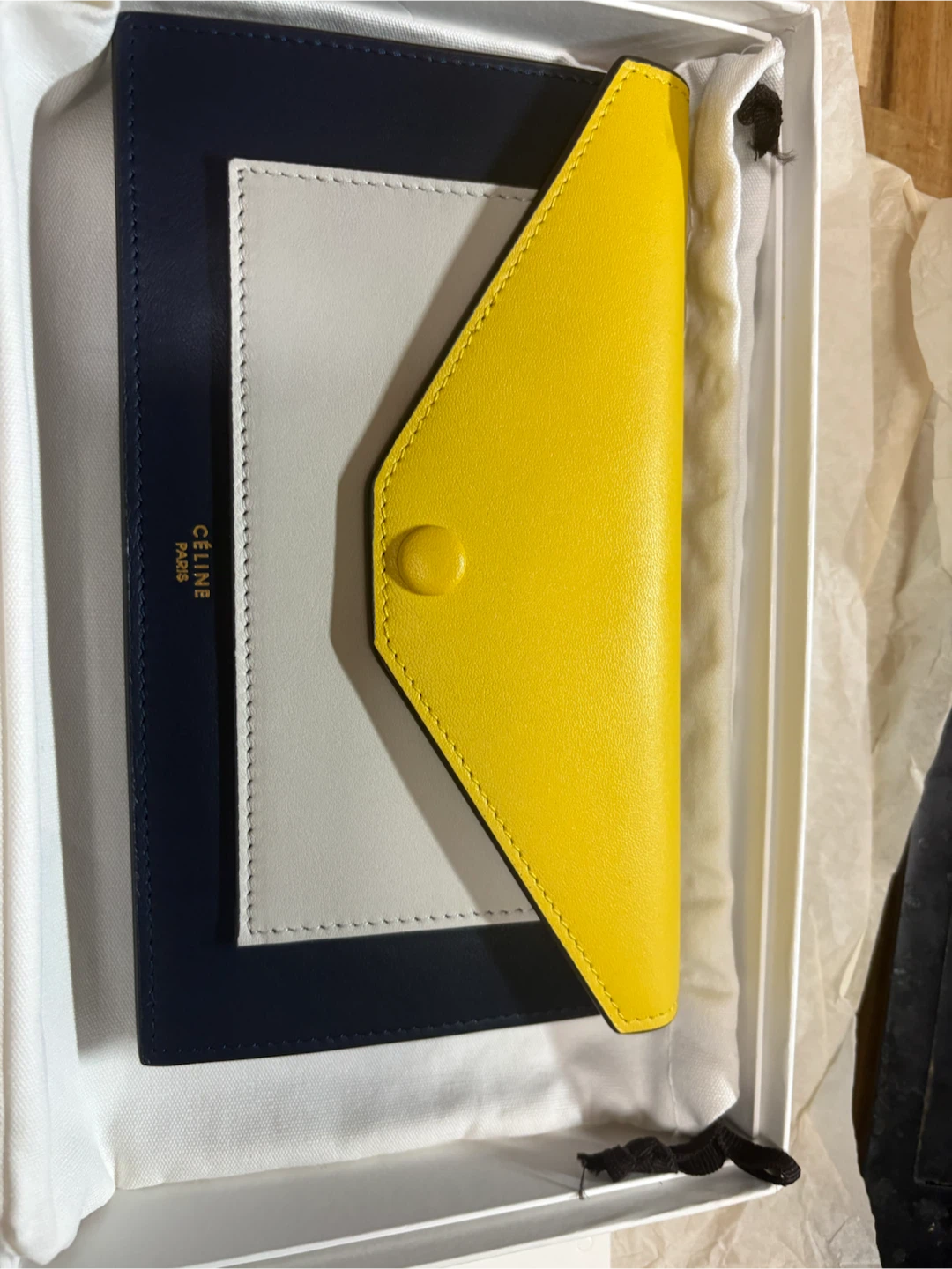 Celine Leather Envelope Wallet Clutch Navy White Yellow
