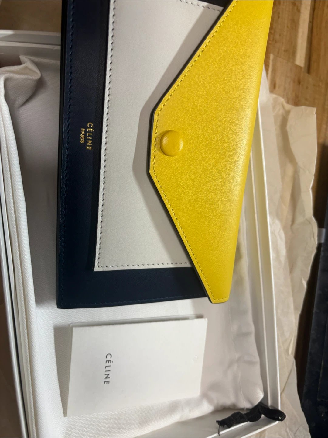 Celine Leather Envelope Wallet Clutch Navy White Yellow - photo 3