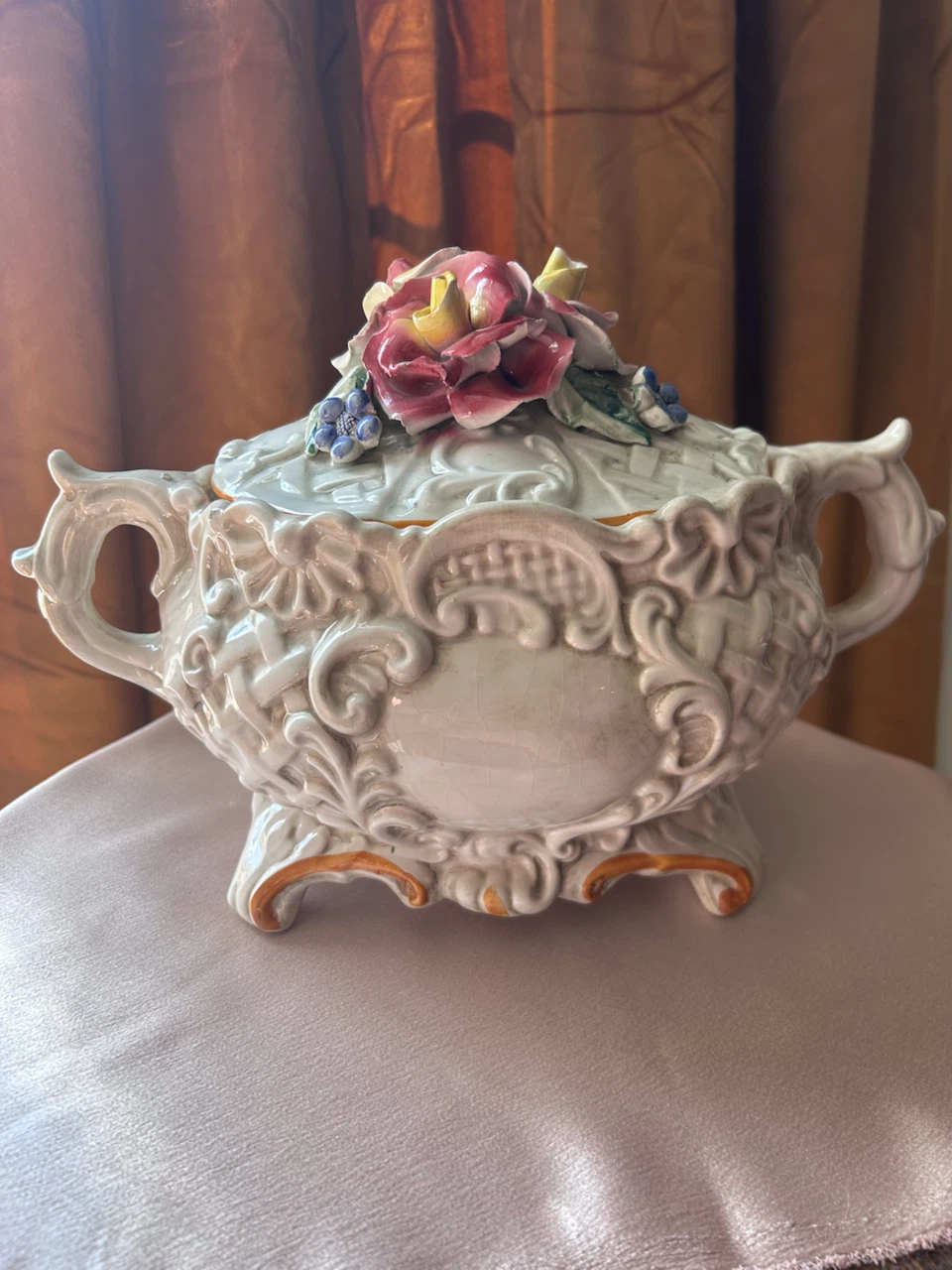 Decorative Ceramic Tureen with Floral Lid - Made in Italy