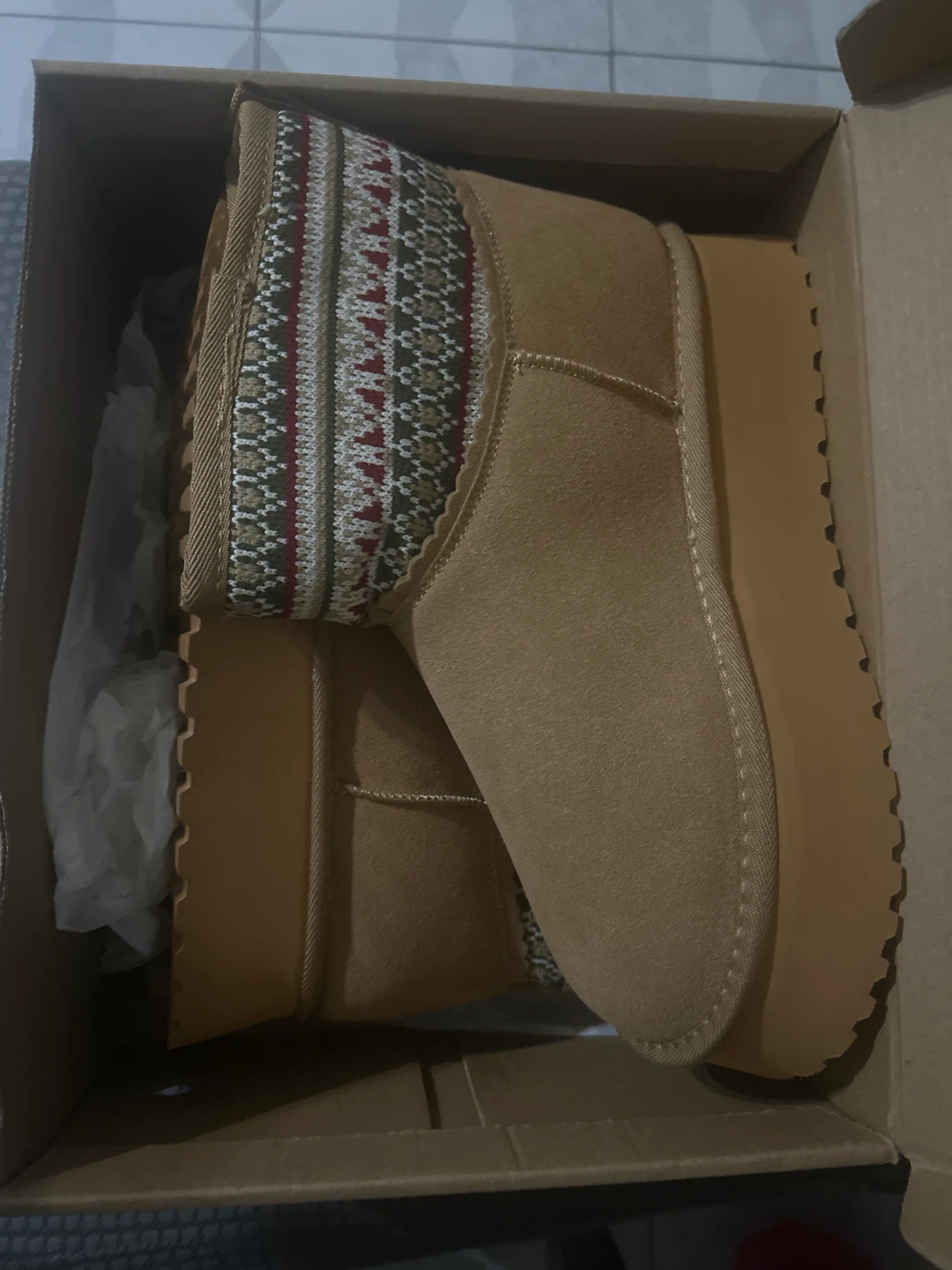 Women's Tan Suede Boots with Patterned Cuff