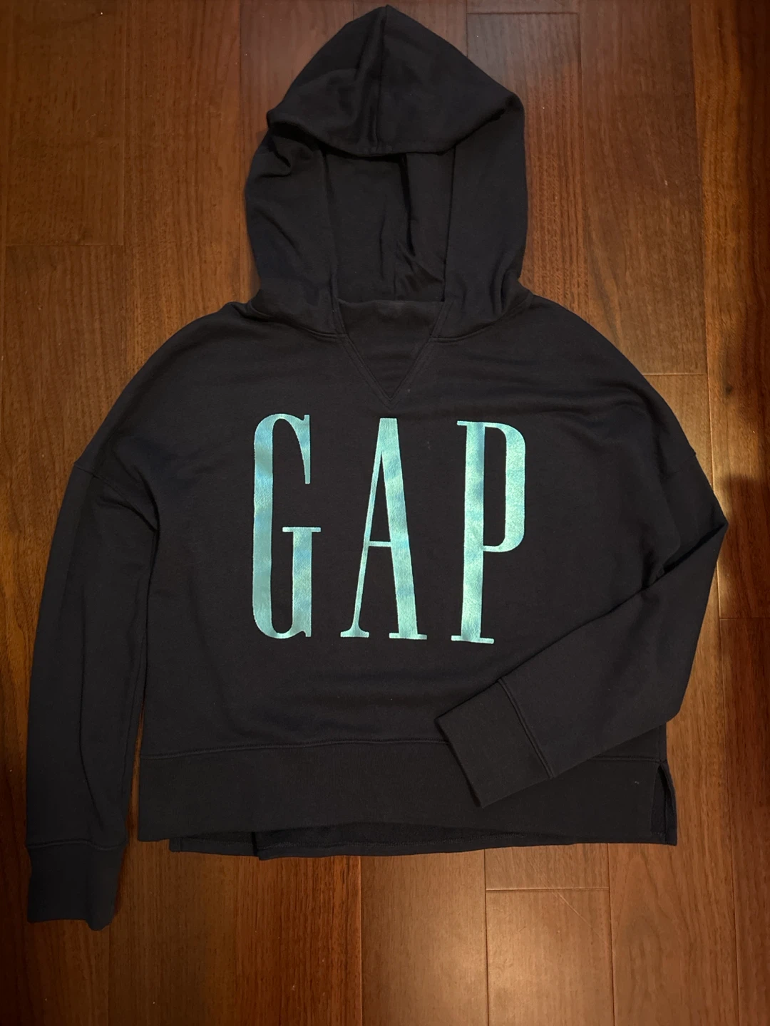 Navy Cropped Gap Hoodie with Shiny Light Blue Logo