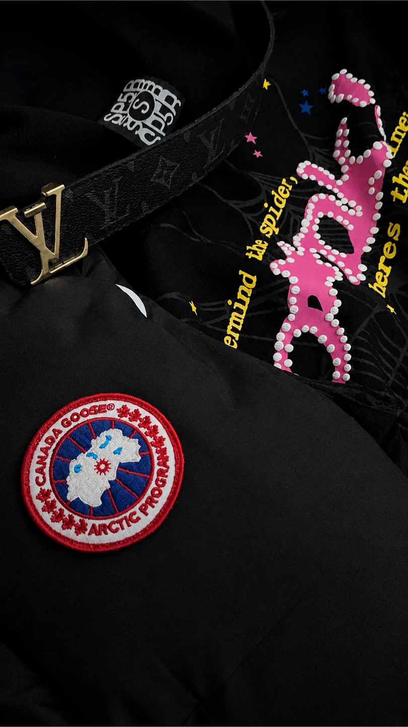 Canada goose vest, Louis V belt and Spider hoodie p*nk