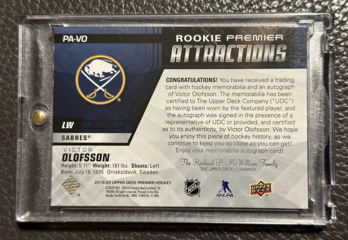 Victor Olofsson Rookie Premier Attractions Auto Patch 12/99 - photo 3