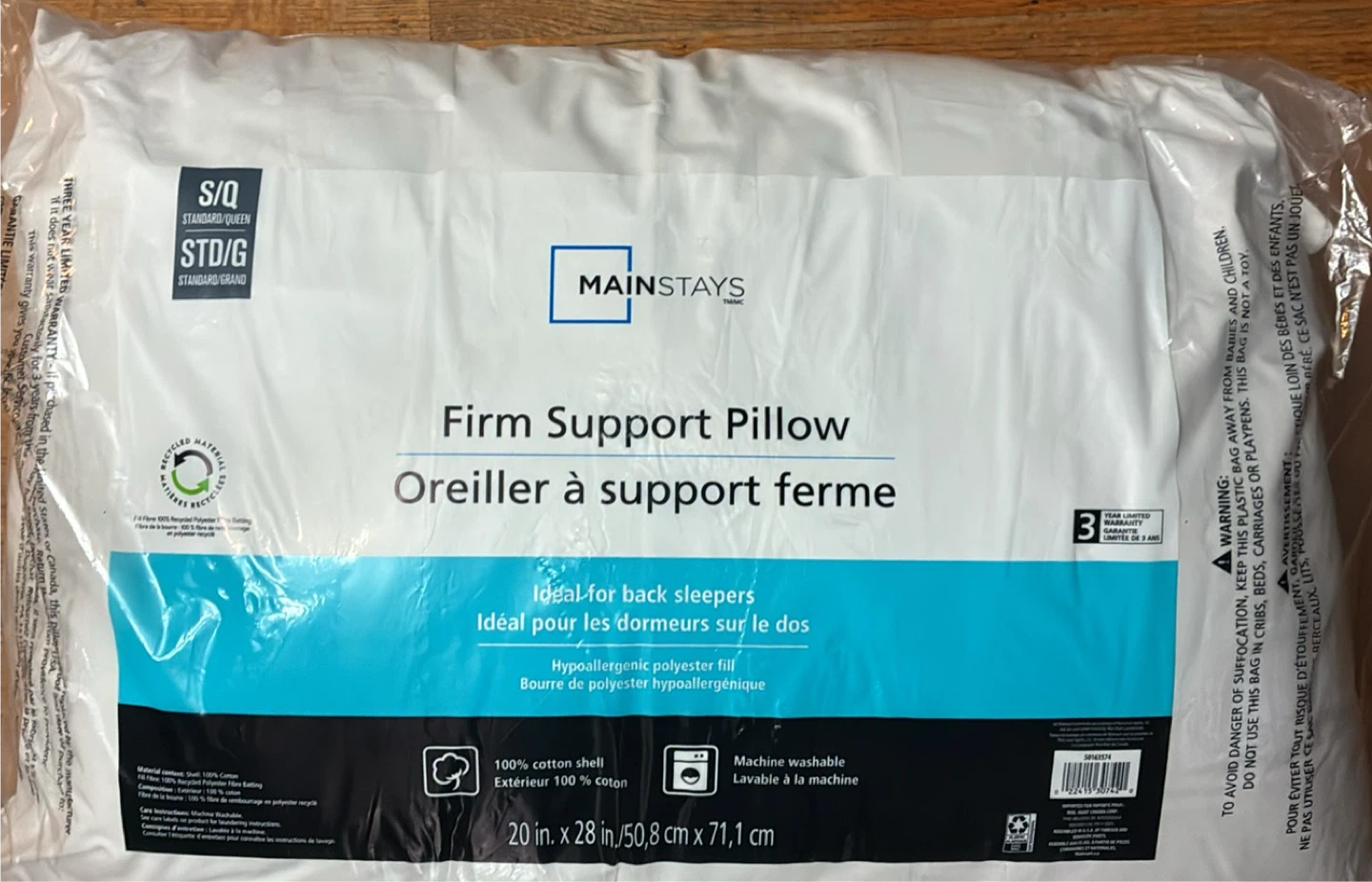 New Sealed Mainstays Firm Support Pillow S/Q STD/G