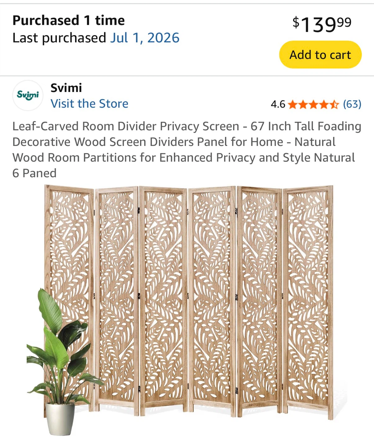 Leaf-Carved Room Divider Privacy Screen - 67 Inch Tall, 6 Paned