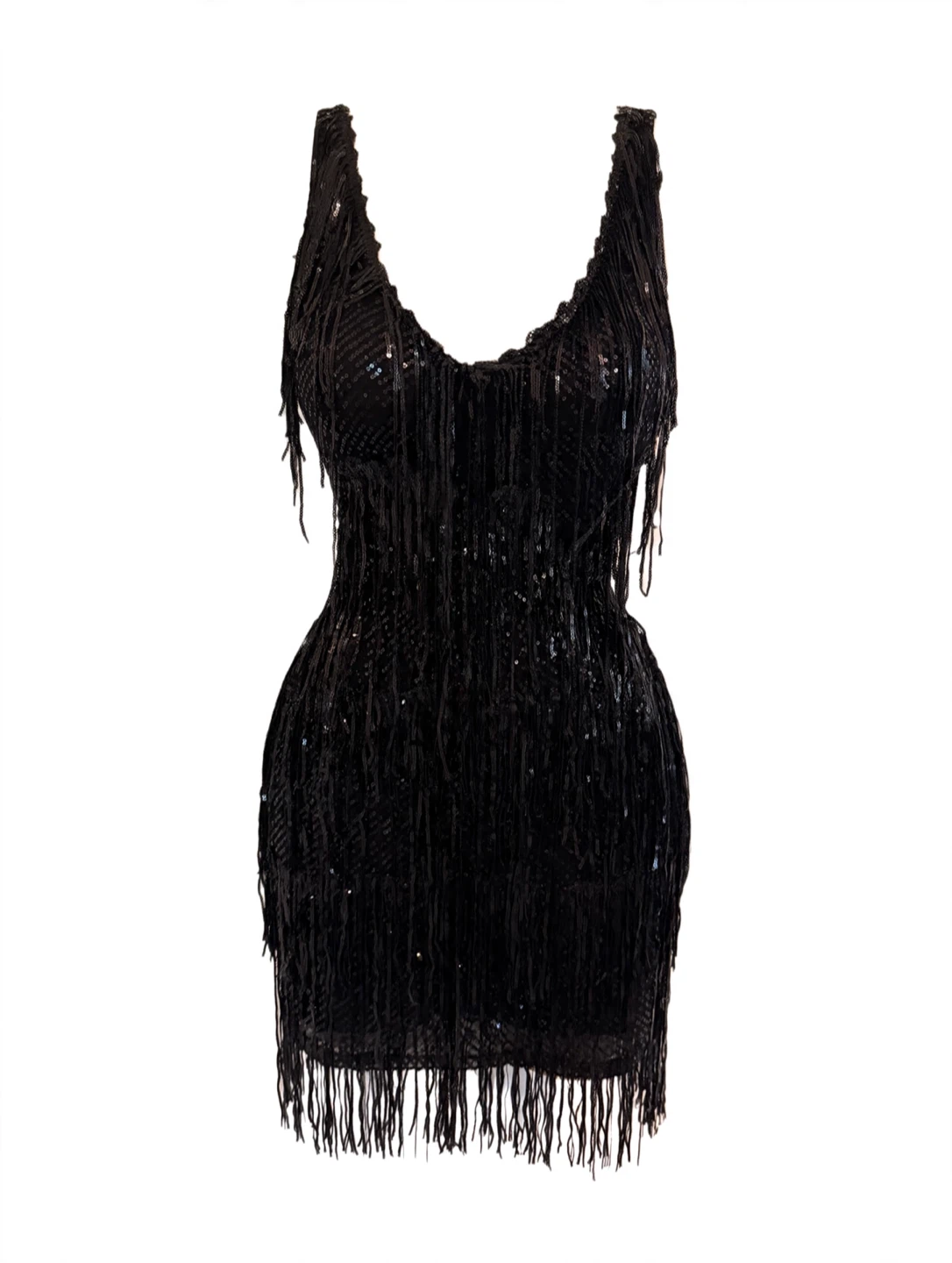 Black Sleeveless Sequin and Fringe Embellished Mini Dress