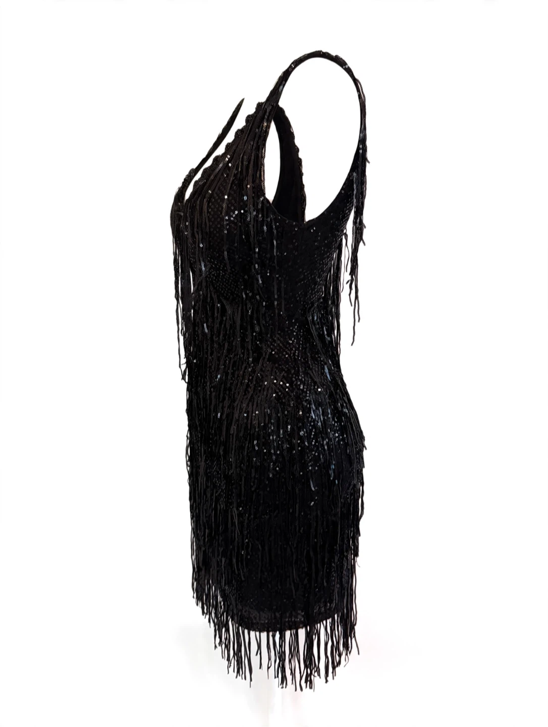 Black Sleeveless Sequin and Fringe Embellished Mini Dress - photo 3