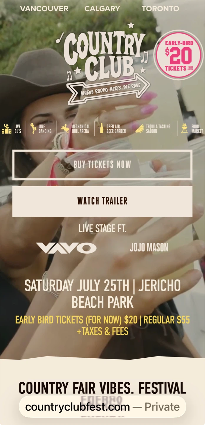 2 tickets to country club festival at Jericho beach on Saturday.