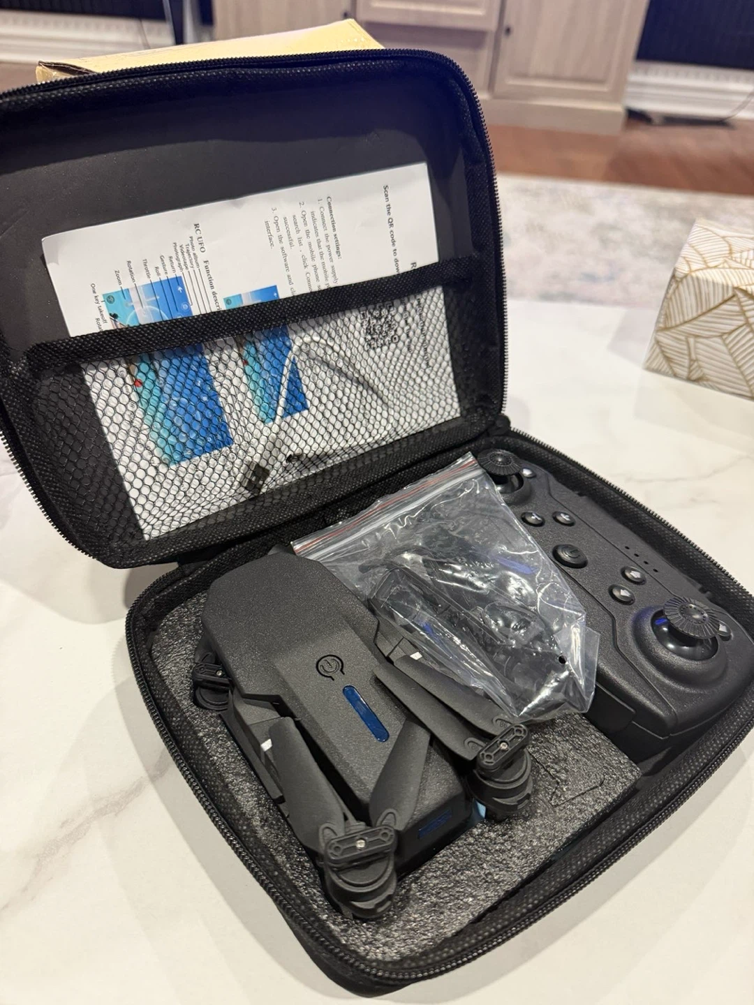 Black Foldable Drone with Remote Controller and Carrying Case