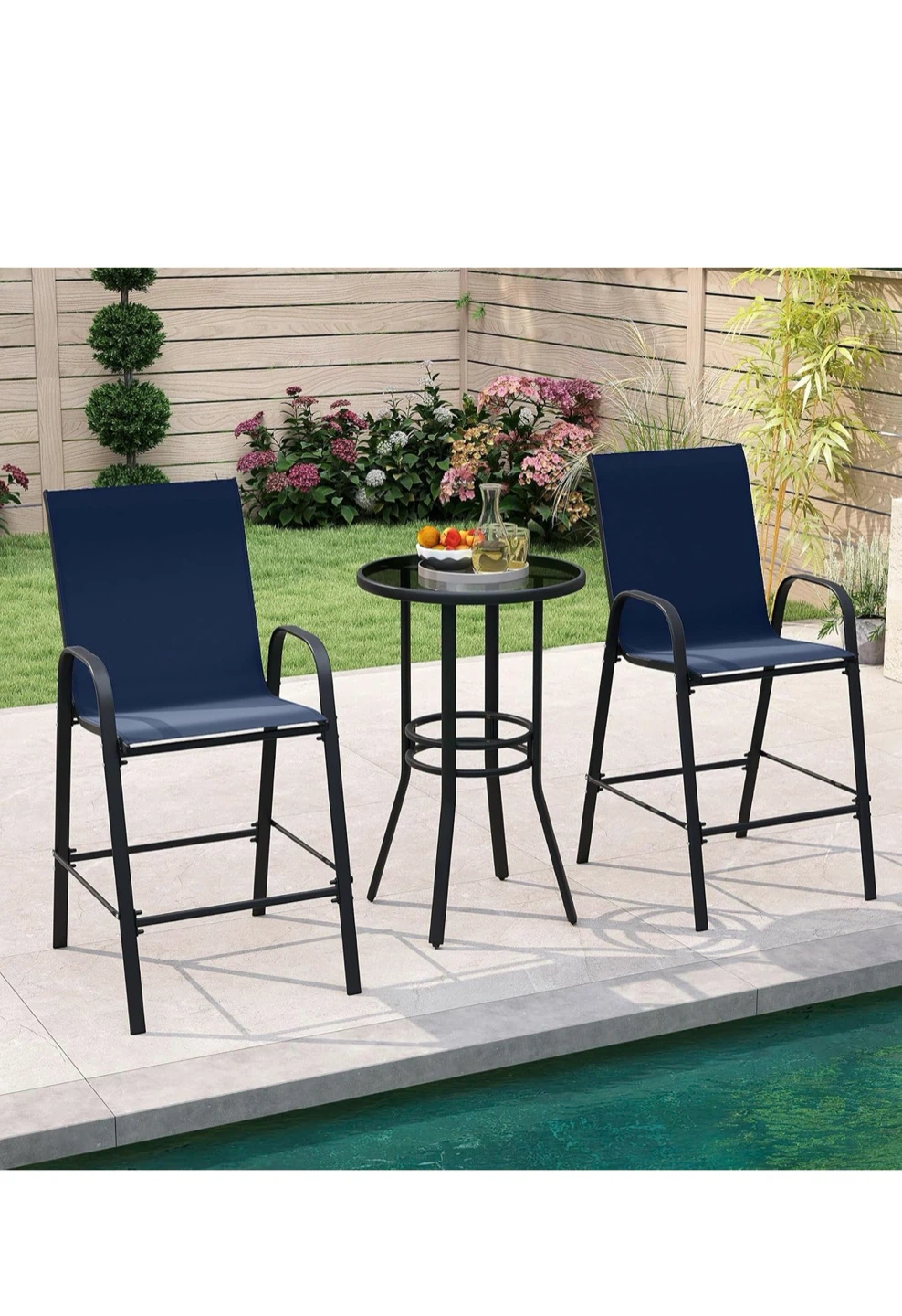 2 Navy Blue Outdoor Bar Stools with Metal Frame - photo 3