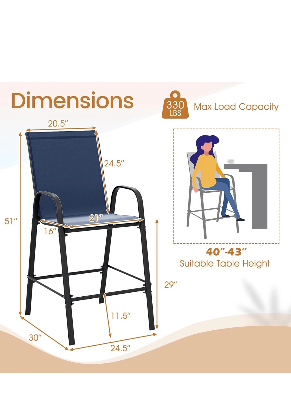 2 Navy Blue Outdoor Bar Stools with Metal Frame - photo 4