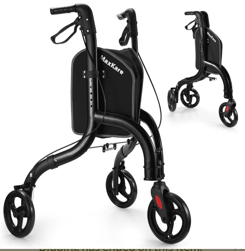 MaxKare 3-Wheel Walker with Seat and Storage Bag