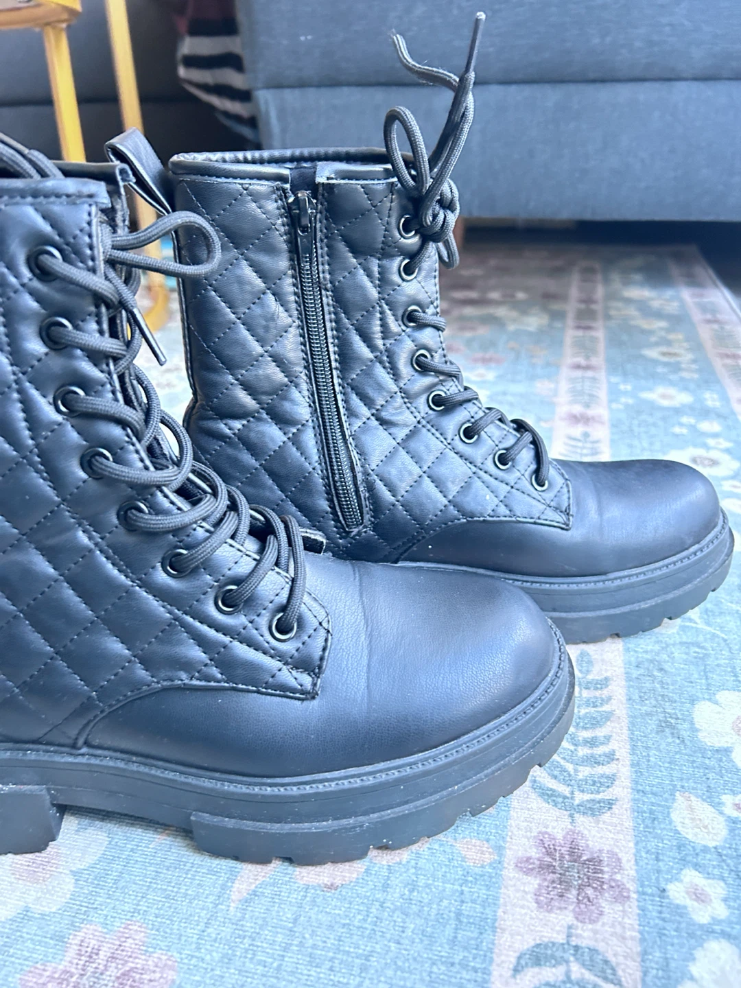 Black Quilted Lace-Up Combat Boots Size 9
