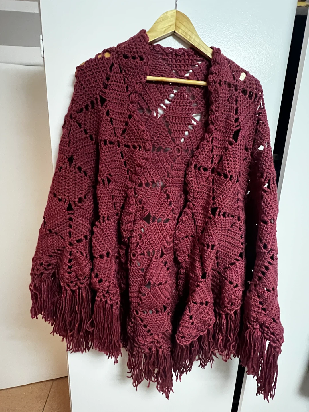 Maroon Crochet Shawl with Fringe